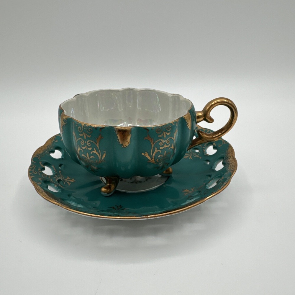 Royal Halsey Turquoise Gold Footed Teacup Saucer MCM Japan Lusterware